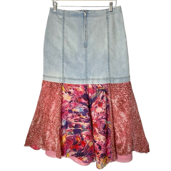 Vintage Denim + Pink Silk Chiffon Skirt M Y2K Boho Fairycore Whimsgoth - Picture 2 of 5